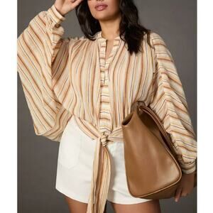 By Anthropologie NWT Tie-Front Striped Gauze Blouse Neutral Minimalist Size M